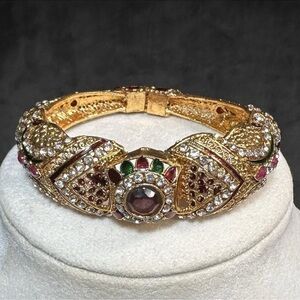 India Bracelet Bollywood Wedding Gold Tone Bangle Red And White Rhinestones